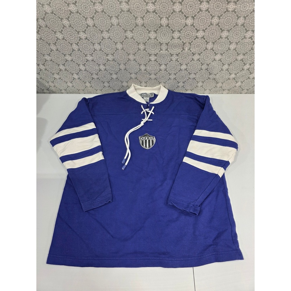 Bonjour Vintage Style Top Blue White Stripe Long Sleeve‎ Lace Up Pulloverw Small